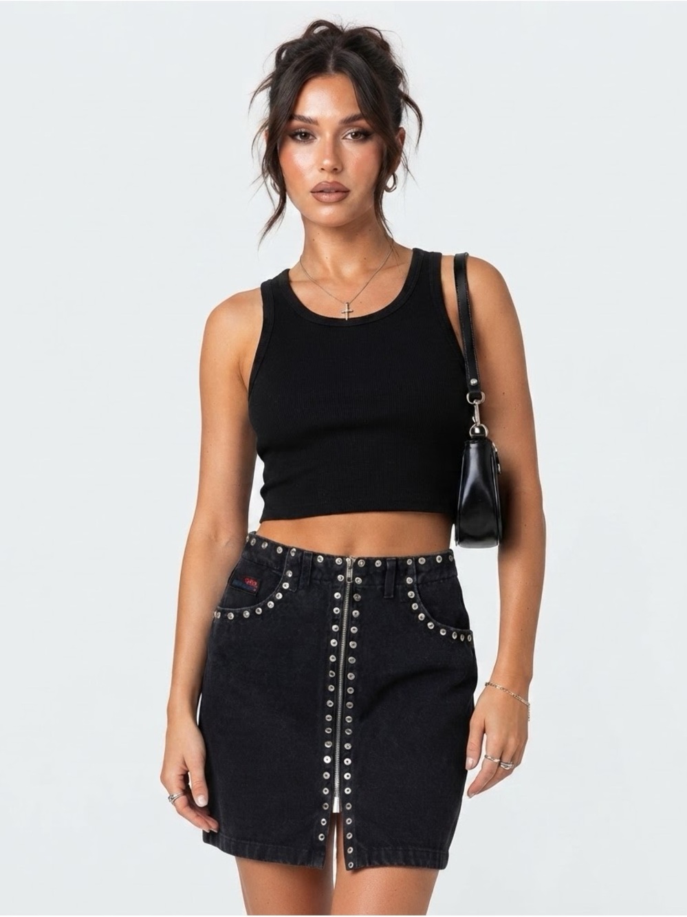 ⚡️10$ sale⚡️ Vintage 90s Black Denim Studded Front Zipper Mini Skirt Size 24